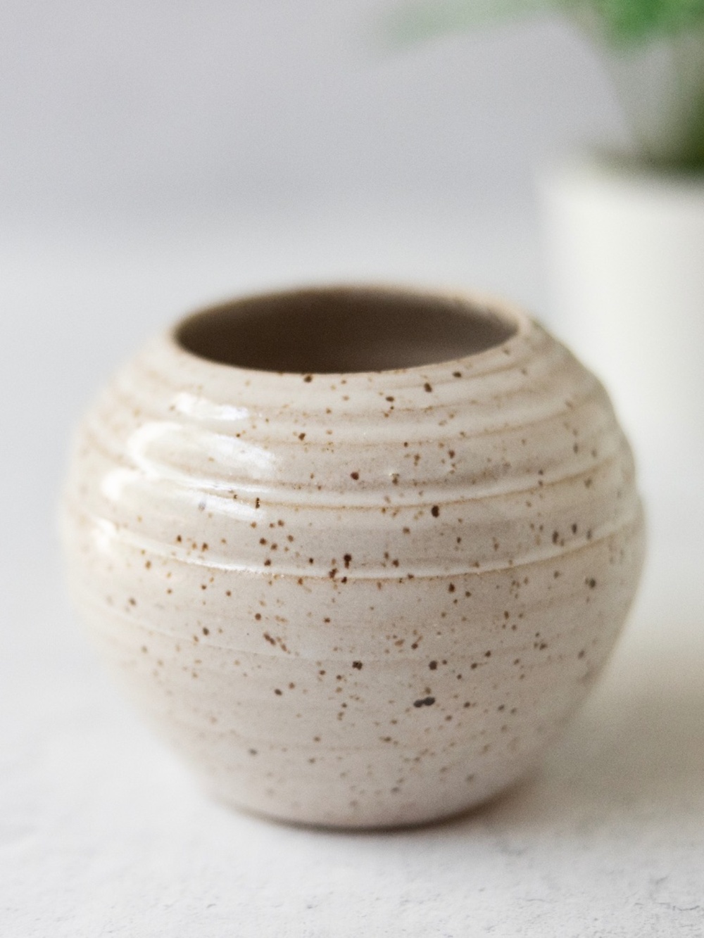 Signed handmade studio pottery pin flower frog ikebana round beige speckled pot